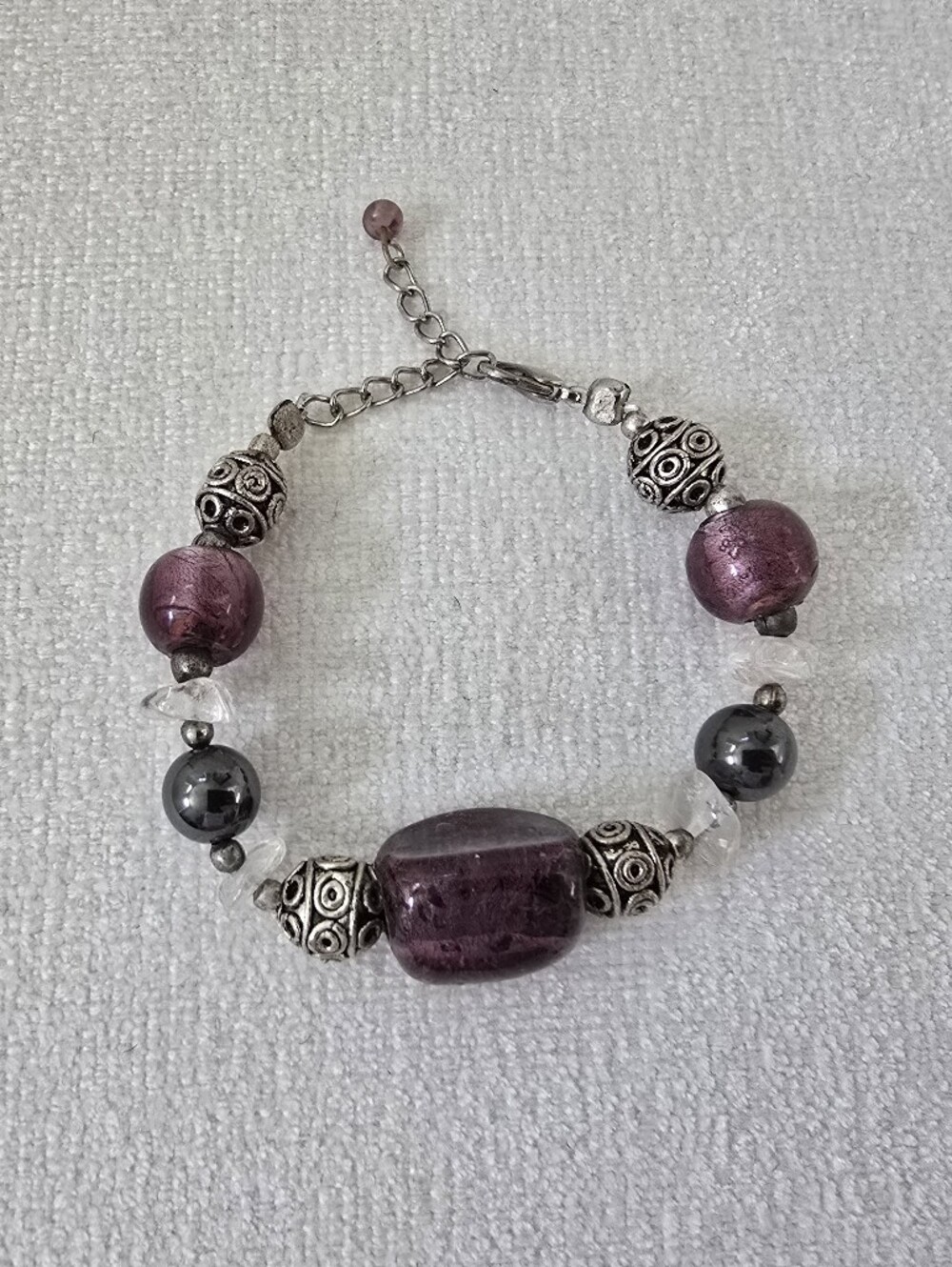 Chunky Purple Glass Beaded Silver Tone Bracelet